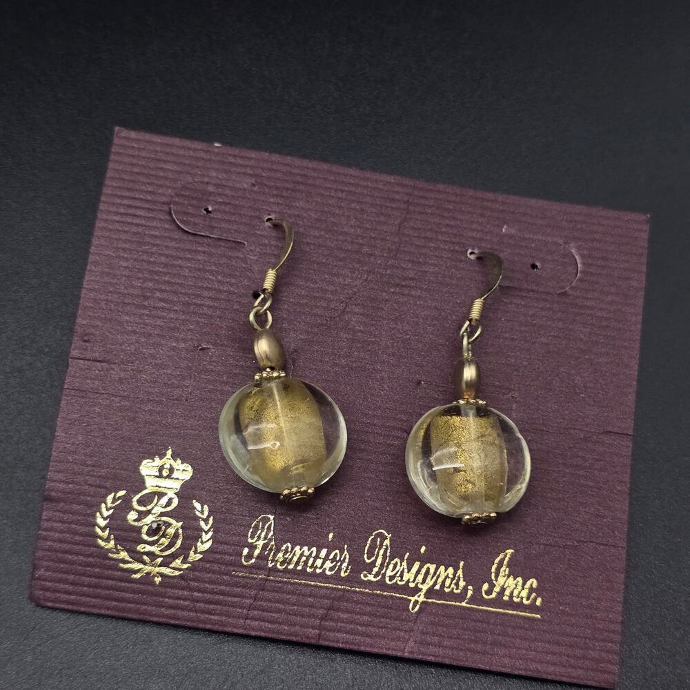Premier Designs Lemon Chiffon Glass Earrings Gold Tone Round Drop